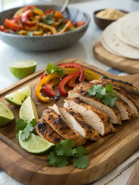 Chicken fajita marinade with grilled chicken strips, bell peppers, onions on rustic wooden board in inviting kitchen setting.