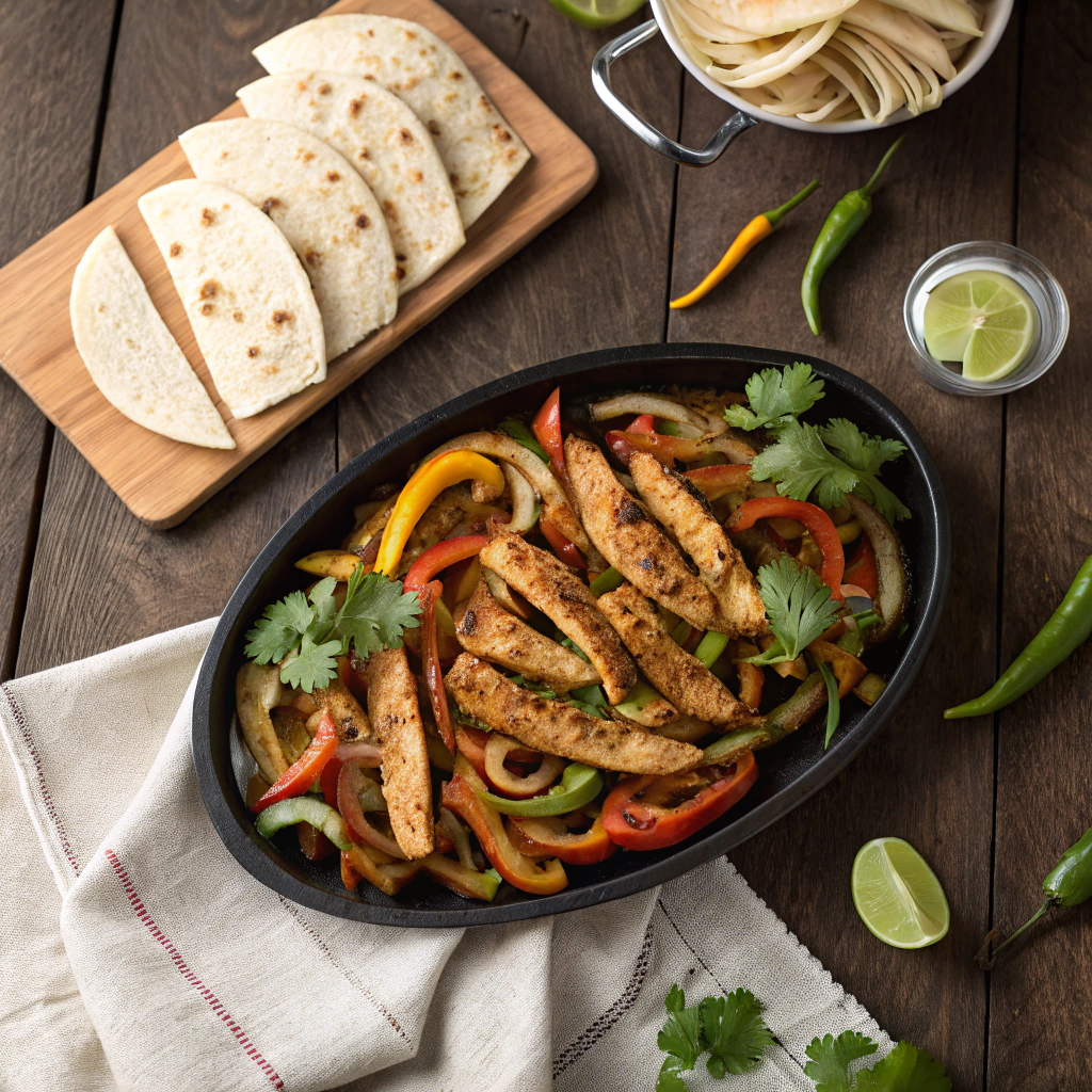 Chicken fajita marinade with grilled chicken strips, peppers, and onions on a black platter with cilantro and lime.