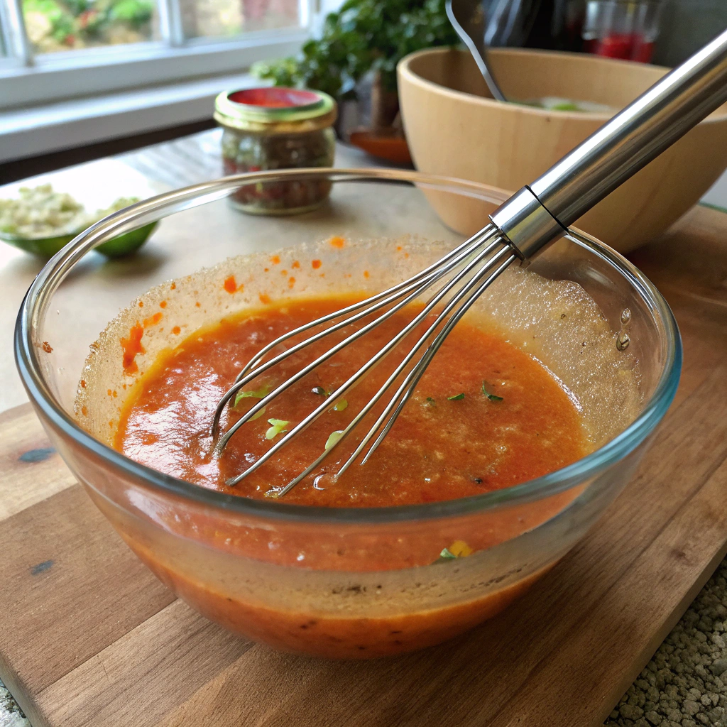 Chicken fajita marinade whisked in glass bowl, vibrant orange-red mix with citrus, olive oil, and spices, inviting rustic scene.