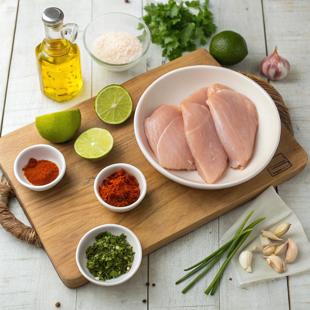 Chicken fajita marinade with limes, garlic, spices on rustic table. Colorful fresh ingredients ready for marinating.