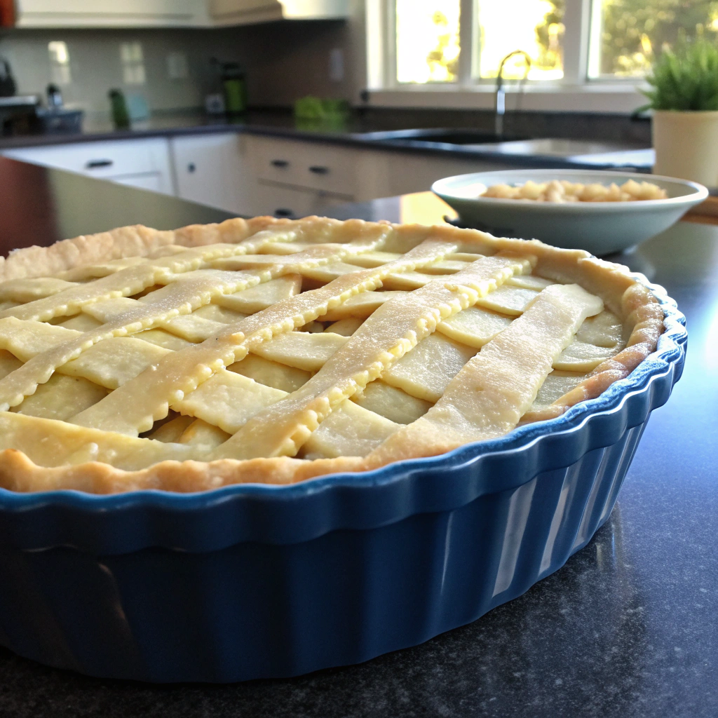 Chicken pot pie lattice crust close-up showing crimped edges, vent holes on ceramic dish in kitchen with natural light.