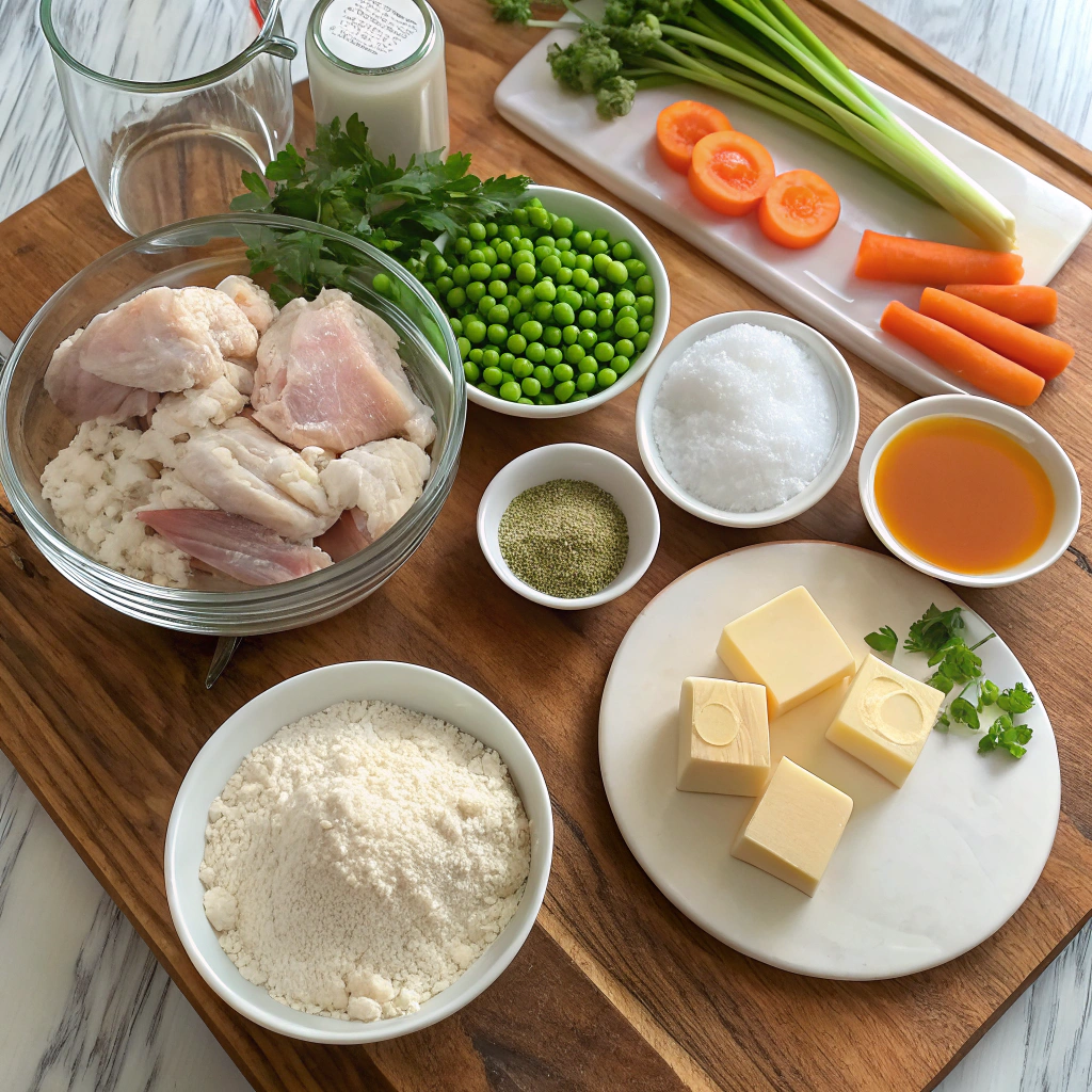 Chicken pot pie recipe ingredients flat lay: flour, butter, chicken, veggies, herbs, broth arranged on rustic table for making the classic comfort food.