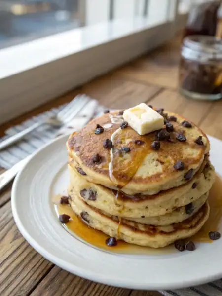 Chocolate chip pancake recipe with fluffy golden pancakes, melted chocolate chips, butter, and syrup on rustic wooden table