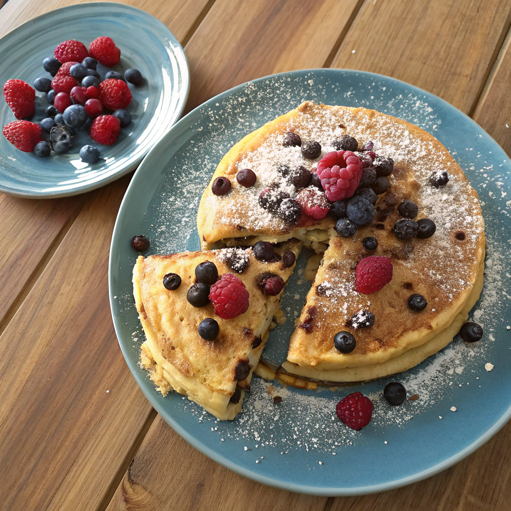 Chocolate chip pancake recipe: fluffy pancakes with melted chocolate chips, fresh berries, powdered sugar on rustic wooden table.