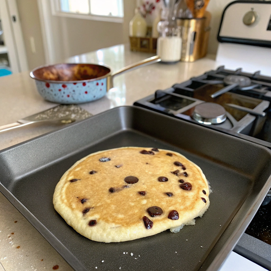 Chocolate chip pancake recipe with fluffy pancake on griddle, perfect bubbles and chocolate chips, inviting atmosphere.