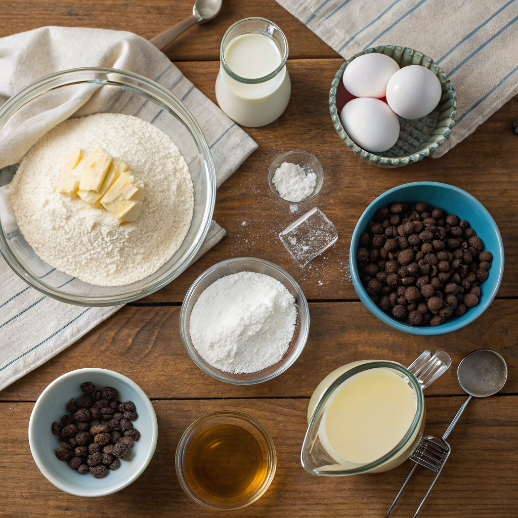 Chocolate chip pancake recipe with flour, eggs, milk, butter, vanilla, and chocolate chips arranged for flat lay photo.