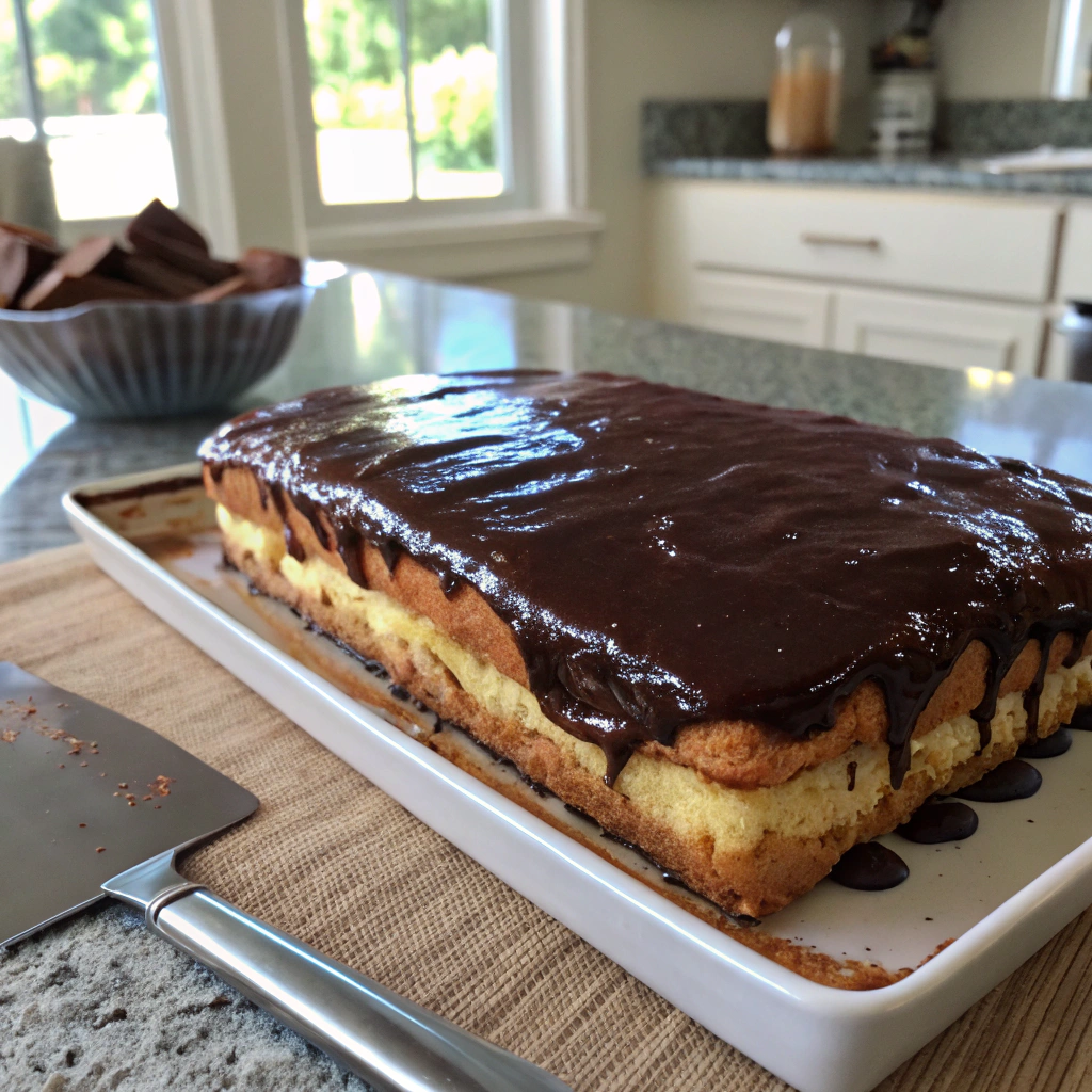 Chocolate eclair cake with rich ganache topping, glossy decadent chocolate pouring over cake surface. Tempting dessert visual.