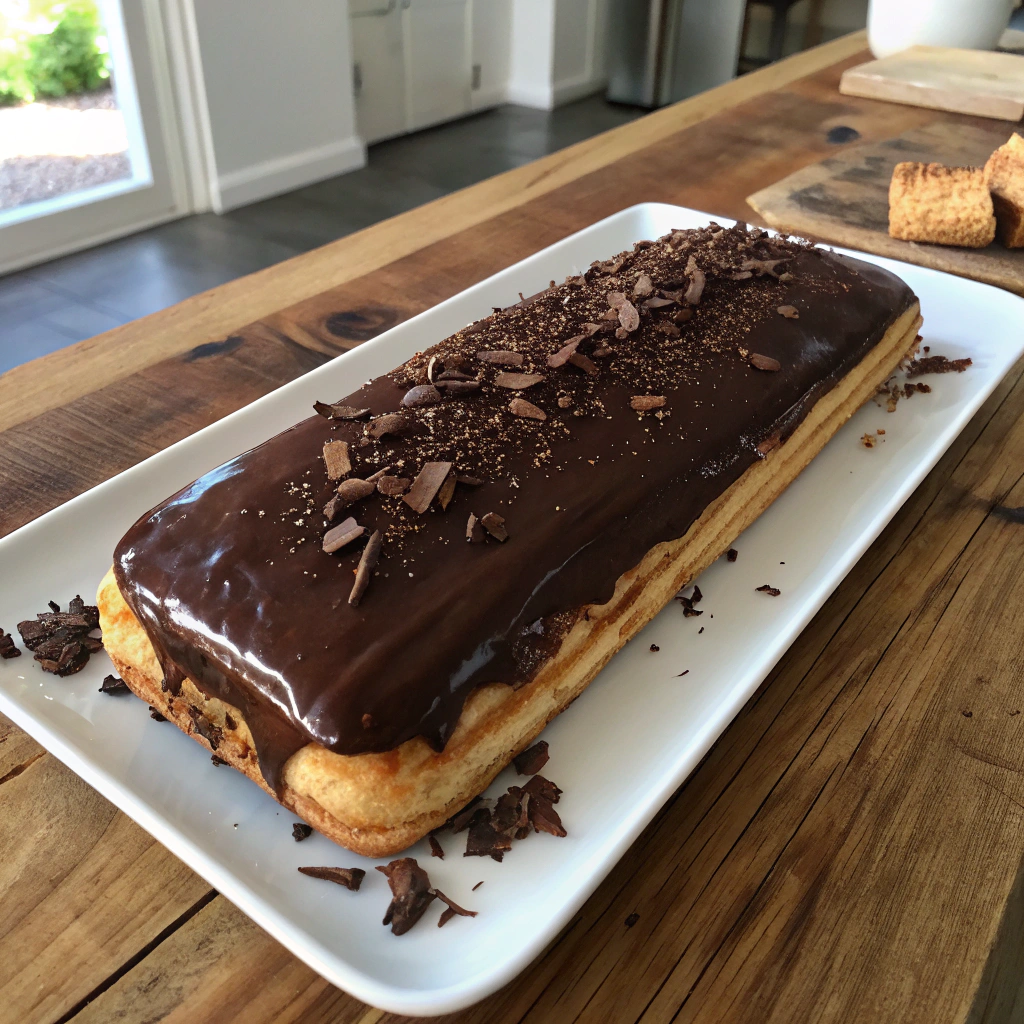 Chocolate eclair cake, rich ganache topping, layered with cream, overhead view of decadent dessert on rustic wooden table.