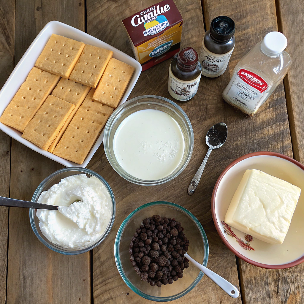 Chocolate eclair cake ingredients like graham crackers, pudding, milk, cream cheese laid out neatly for assembling this decadent dessert.