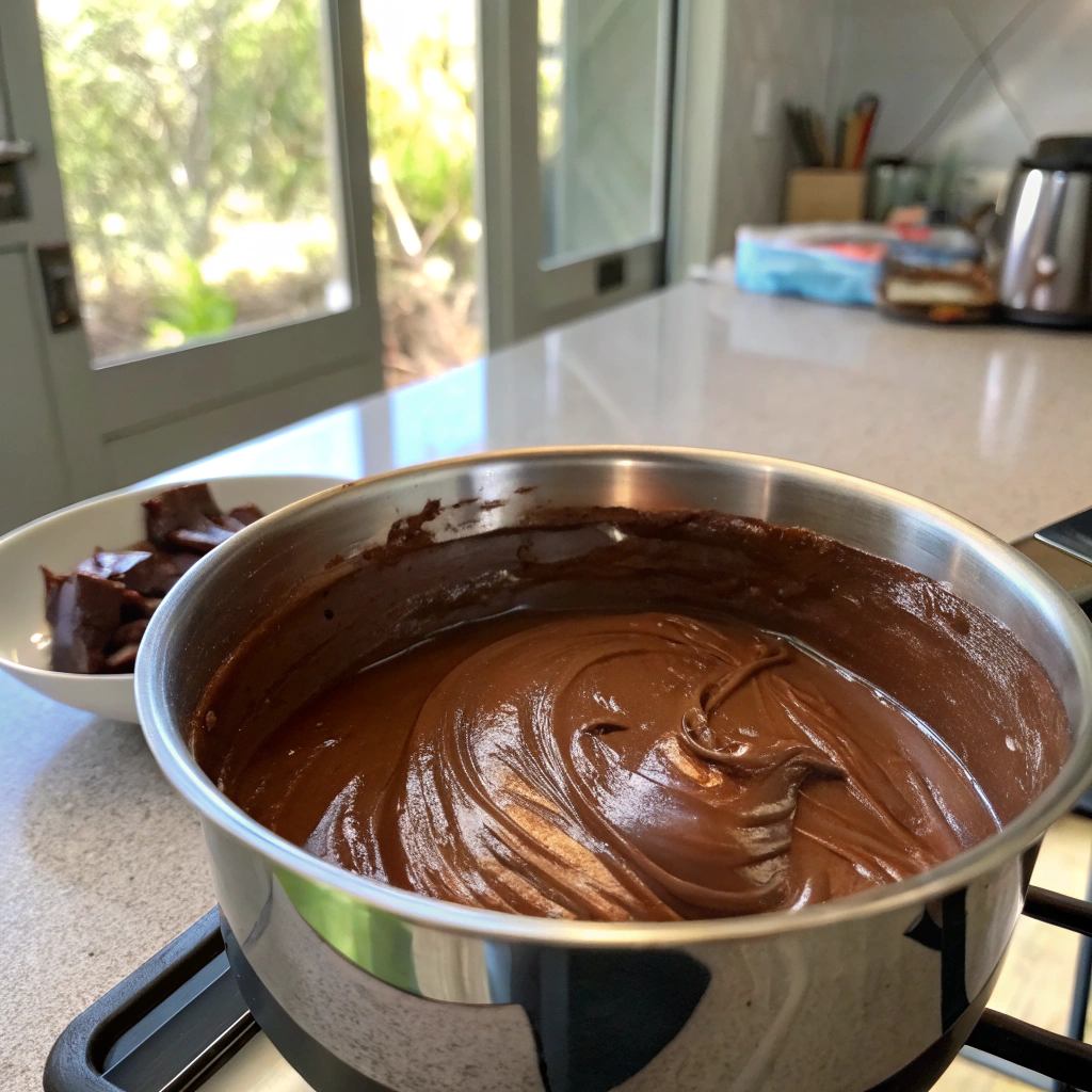 Chocolate mousse melted chocolate and cream, smooth glossy texture in double boiler, temperature at 110°F