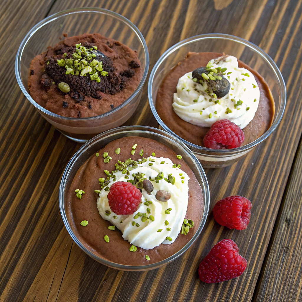 Chocolate mousse dessert cups with cream, berries, shavings toppings, silky texture in triangle arrangement