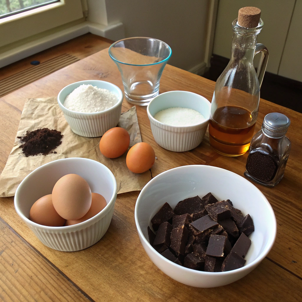 Chocolate mousse ingredients like chopped dark chocolate, eggs, cream, sugar, vanilla, salt, and coffee powder arranged for flat lay food photo.