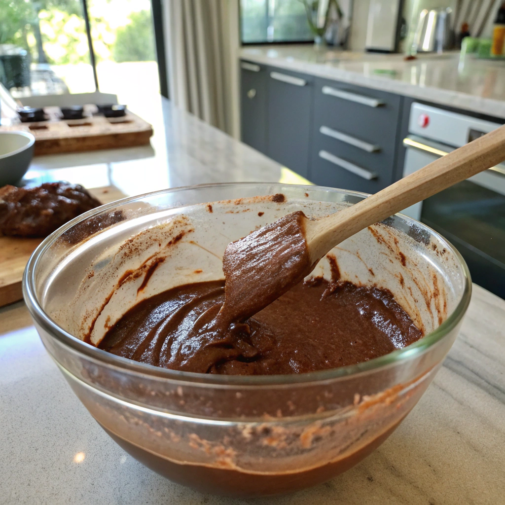 Chocolate pancake batter with cocoa powder in a glass mixing bowl, wooden spoon dripping rich chocolate batter