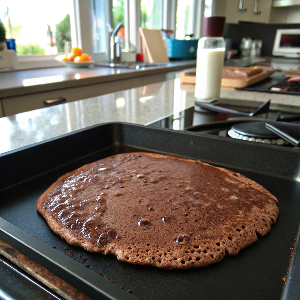 Chocolate pancake cooking on griddle, bubbles forming, edges setting, revealing rich chocolate brown color. Enticing breakfast treat.