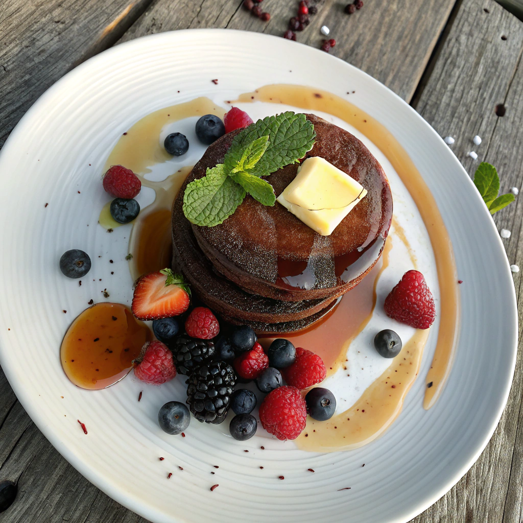 Chocolate pancake stack with melting butter, maple syrup drizzle, fresh berries and mint garnish on a rustic wooden table.