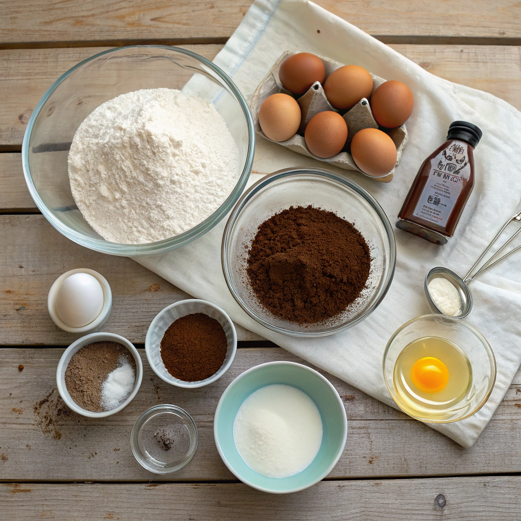 Chocolate pancake ingredients laid out: flour, cocoa powder, eggs, milk. Flat lay of neatly arranged baking items.