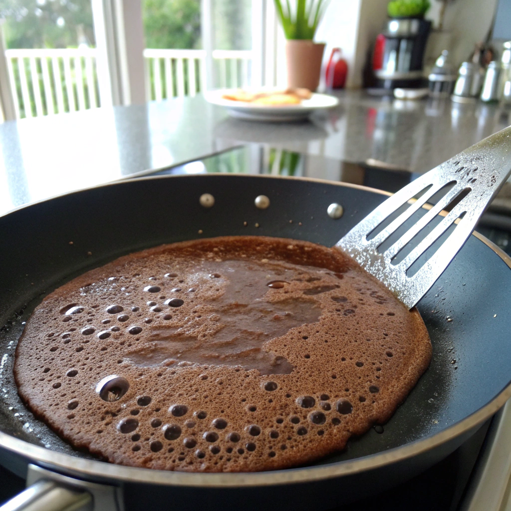 Chocolate pancake recipe batter with cocoa and chocolate chips in pan, bubbles rising before flipping.