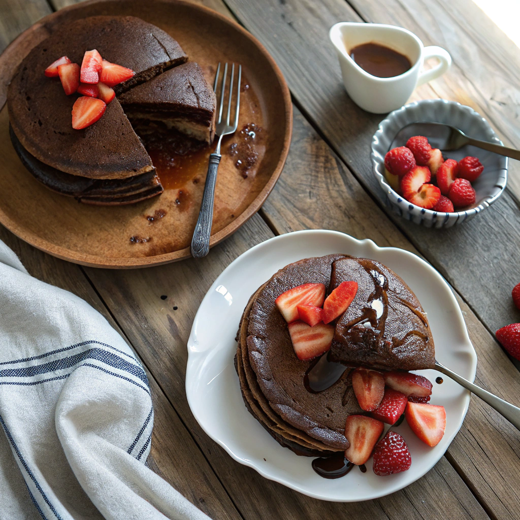 Chocolate pancake recipe with fluffy center topped with maple syrup, fresh strawberries, on rustic wooden table.