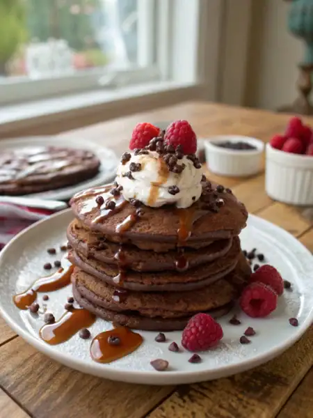 Chocolate pancake recipe with raspberries, drizzled maple syrup on a stack of fluffy chocolate pancakes topped with whipped cream.
