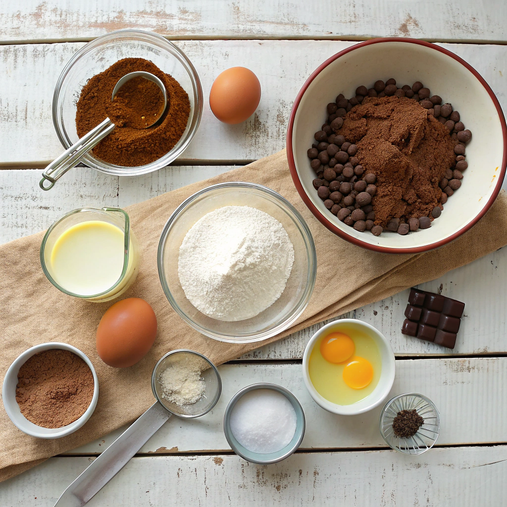 Chocolate pancake recipe with flour, cocoa, eggs, melted butter and chocolate chips laid out on wooden table