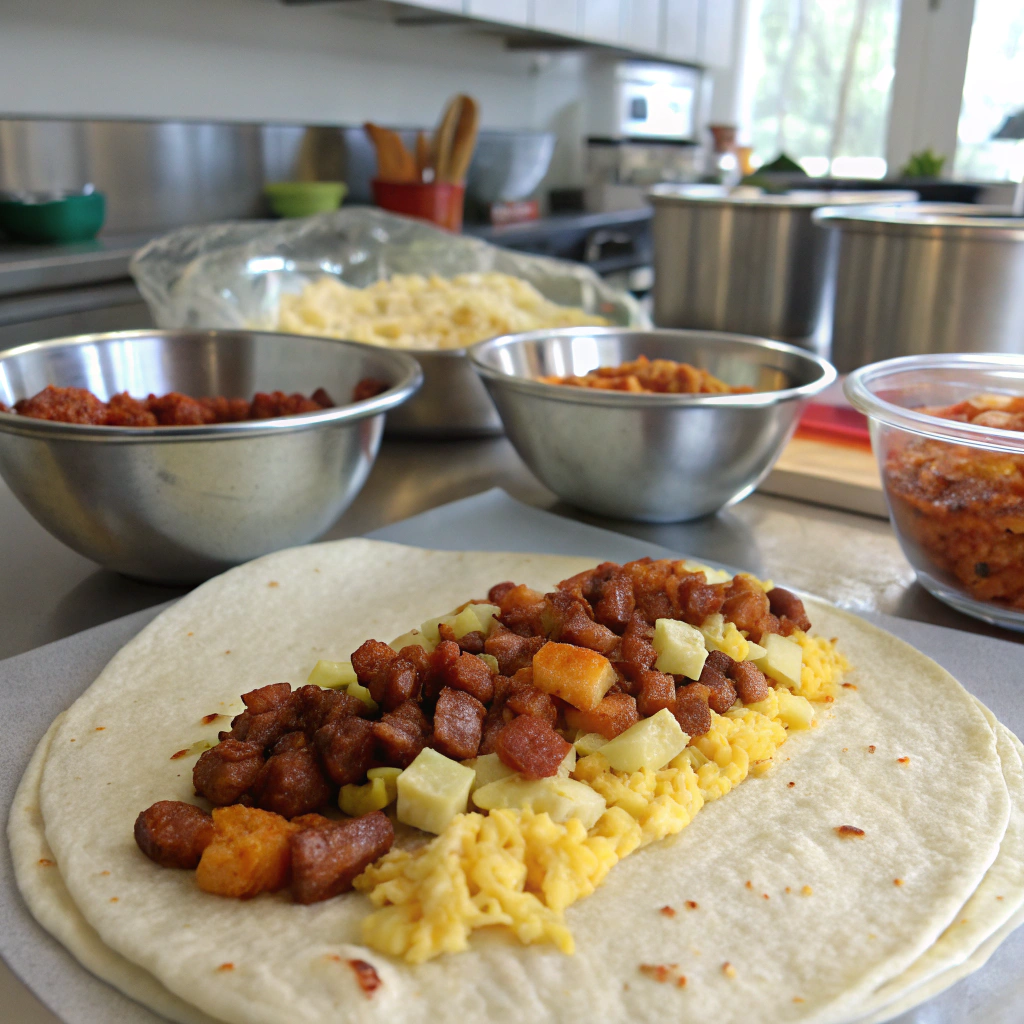 Chorizo breakfast burrito assembly with eggs, chorizo, potatoes, cheese on tortilla showing prep stage.