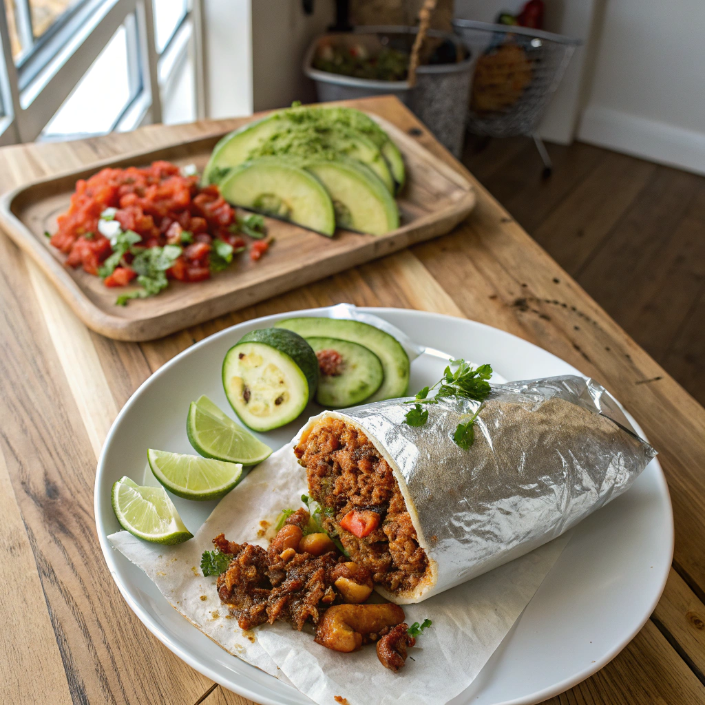 Chorizo breakfast burrito with avocado and pico de gallo, rustic overhead shot showcasing layers of filling.