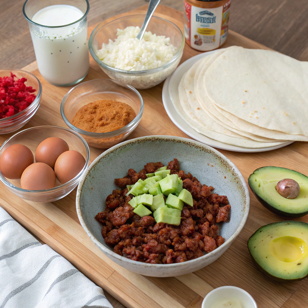 Chorizo breakfast burrito ingredients: eggs, chorizo, potatoes, cheese, veggies, tortillas in neat prep bowls