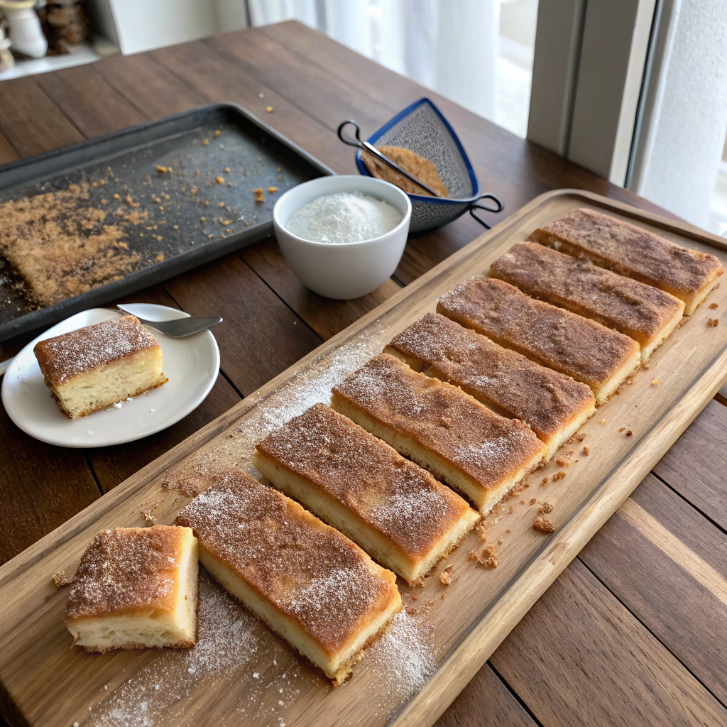 Churro Cheesecake bars drool-worthy photo: cinnamon-sugar cheesecake layers revealed, dusted with spice on rustic wood backdrop. Irresistible treat!