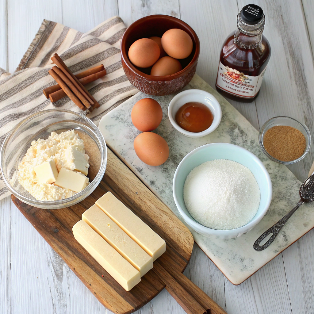 Churro Cheesecake bars ingredients stylishly arranged - butter, flour, eggs, cream cheese, sugar, extract & spices on rustic wood table.