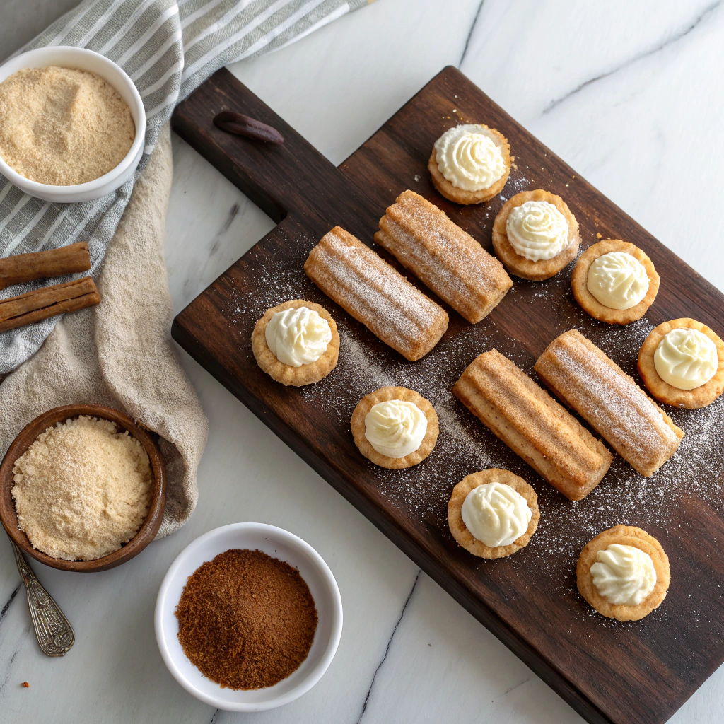 Overhead shot of Churro Cheesecake cookies arranged in rows, some split showing cream cheese filling, with cinnamon sugar topping on wooden board.