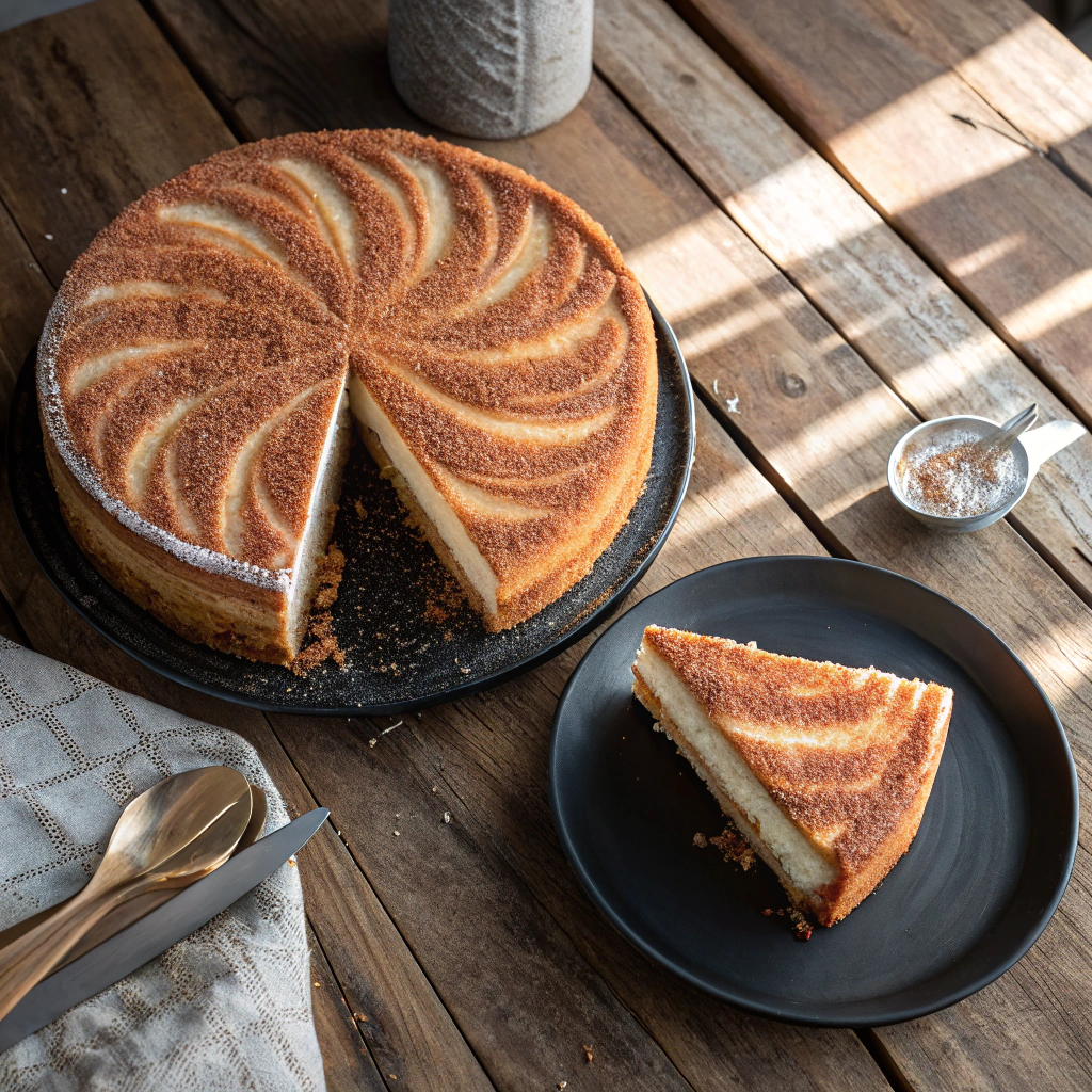 Overhead shot of Churro Cheesecake, layered with churro base, cream cheese filling, cinnamon-sugar lattice top; sliced portion showcases textures.