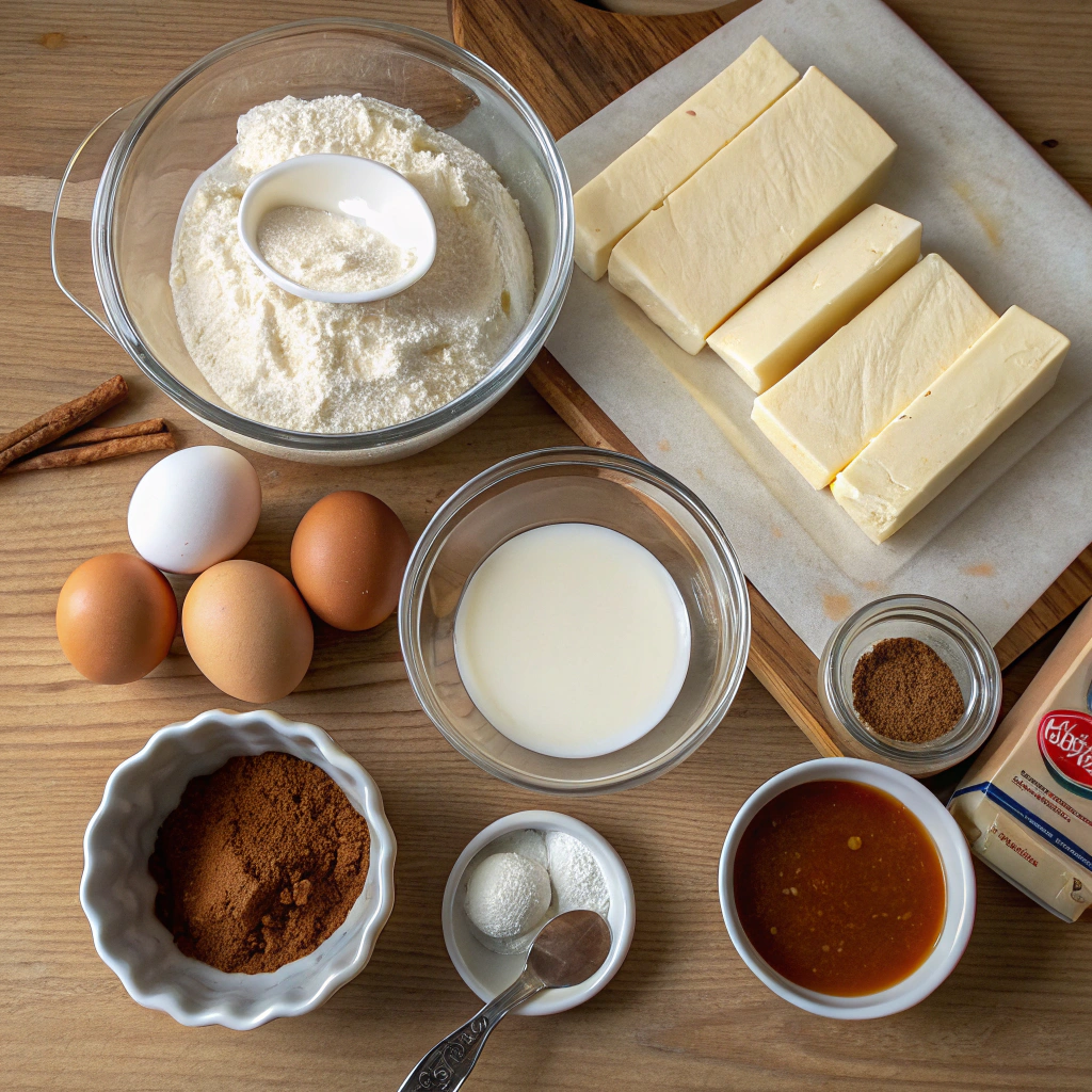 Churro Cheesecake Ingredients Flatlay: Cream cheese, eggs, sugar, cinnamon, crescent dough, melted butter, dulce de leche artfully arranged.