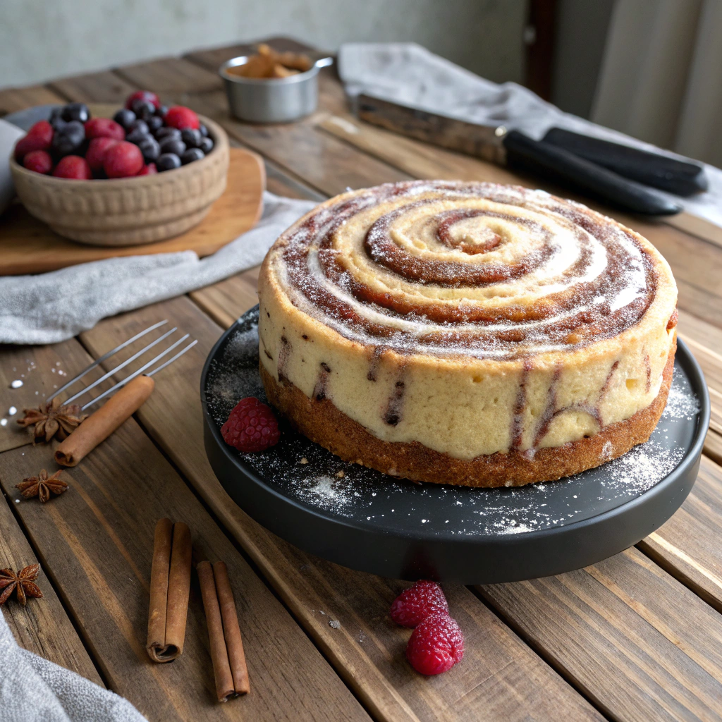 Cinnamon roll Cheesecake, overhead shot of glazed cake with cinnamon swirl, berries on rustic wooden table.