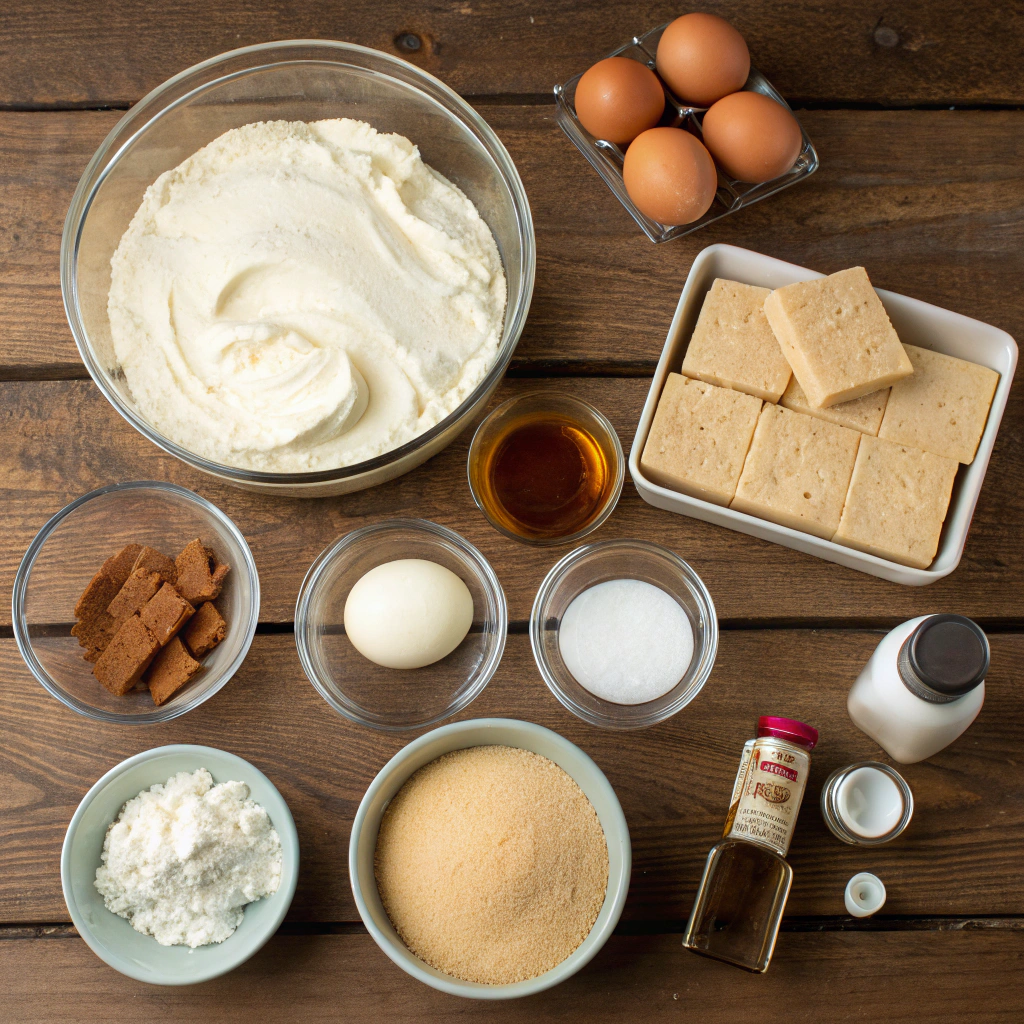 Cinnamon roll cheesecake ingredients: cream cheese, graham crackers, sugars, eggs, vanilla, sour cream, cinnamon, melted butter, flour, cream. Overhead photo flatlay.