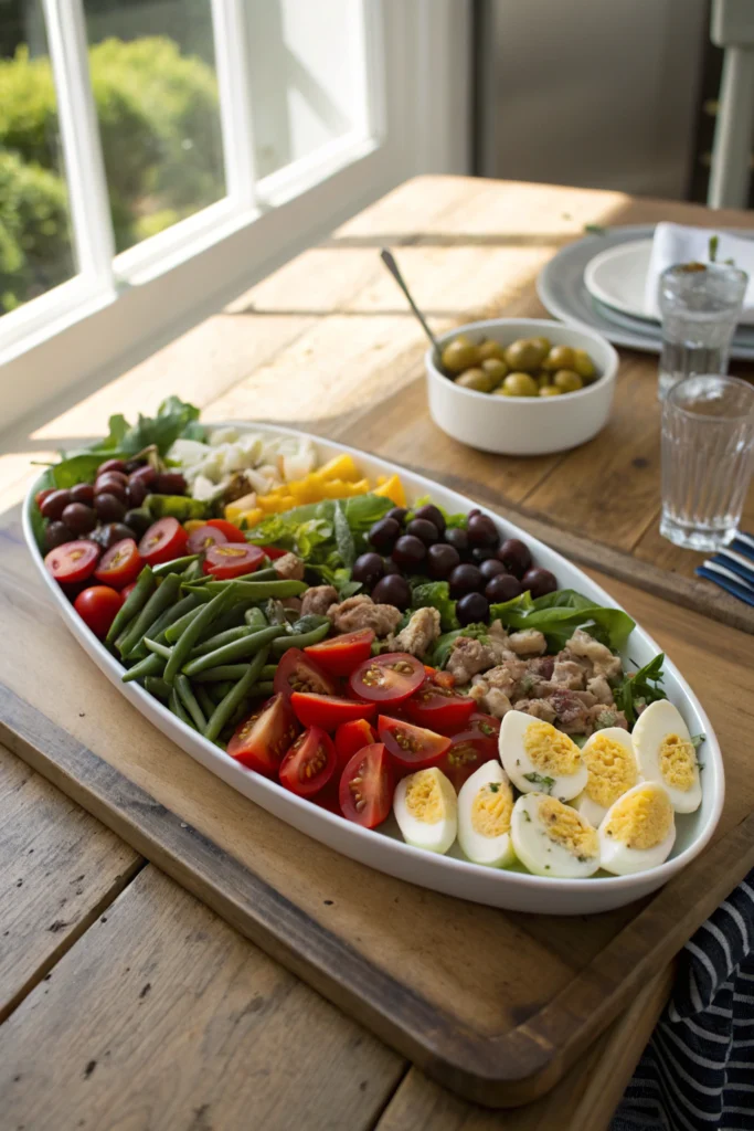 Classic Nicoise Salad with tuna, eggs, olives, arranged artfully on white plate, fresh summer salad on rustic table.