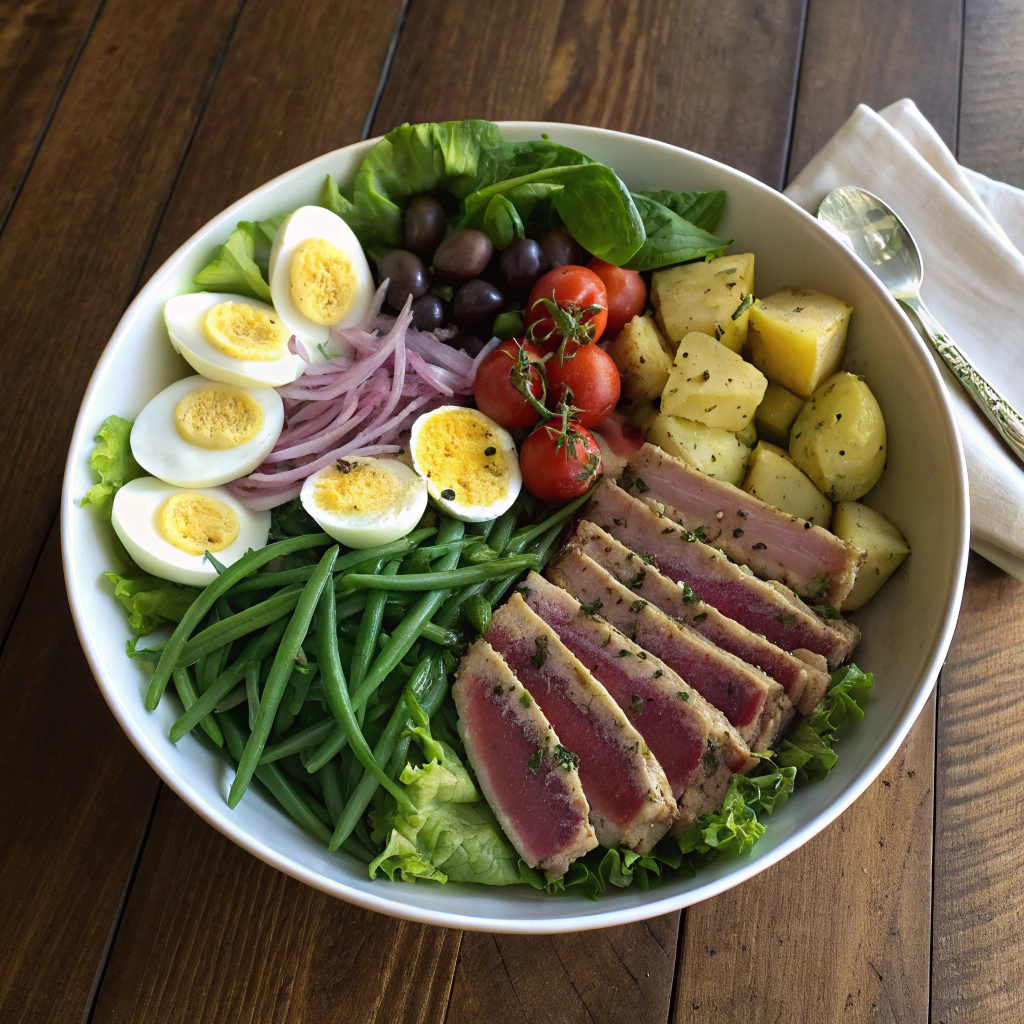 Classic Nicoise Salad hero image: seared tuna, eggs, beans, potatoes, tomatoes, olives arranged on lettuce with vinaigrette drizzle.