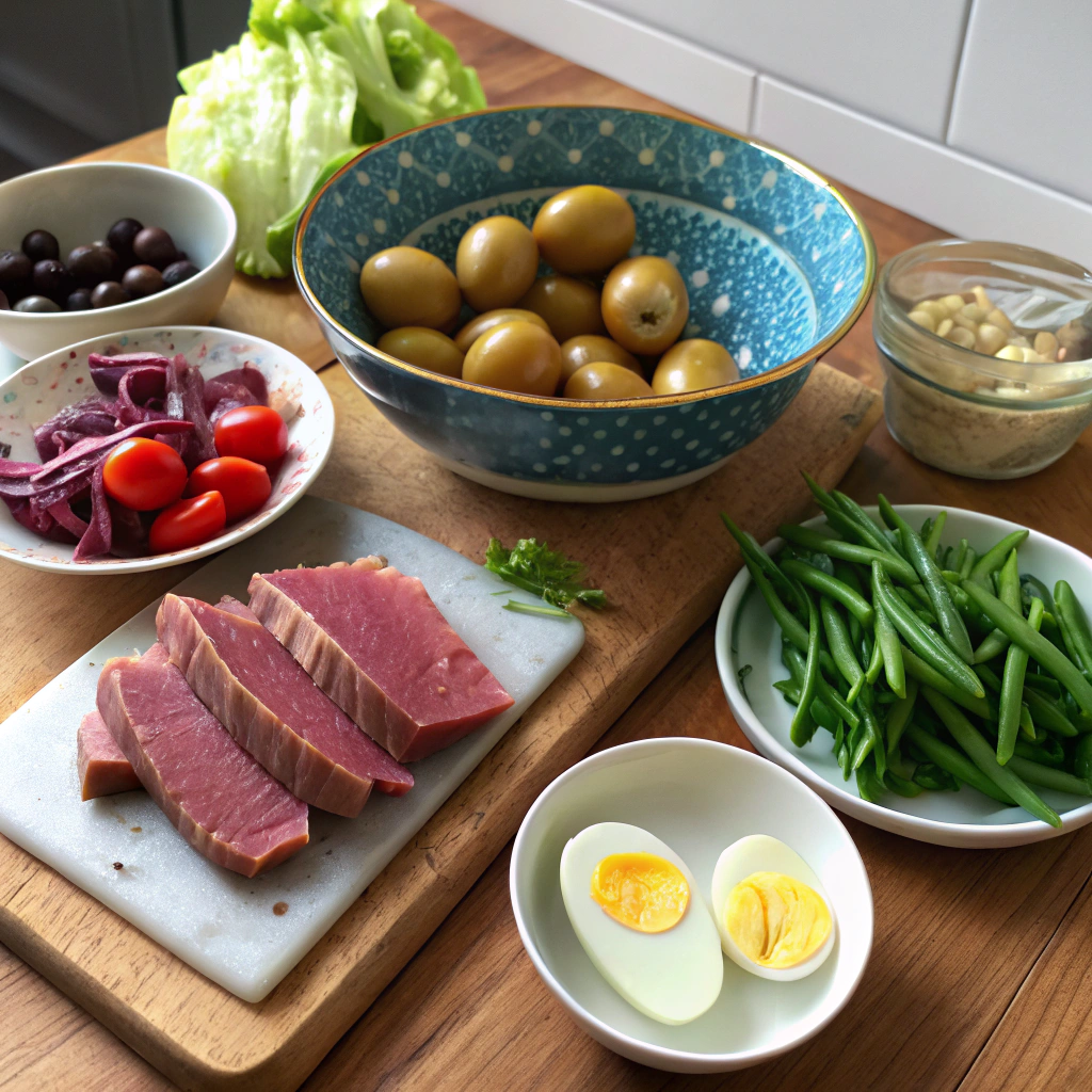 Classic Nicoise Salad ingredients artfully arranged: tuna, potatoes, haricots verts, eggs, tomatoes, olives, lettuce, onions, anchovies, vinaigrette. Rustic flatlay composition.