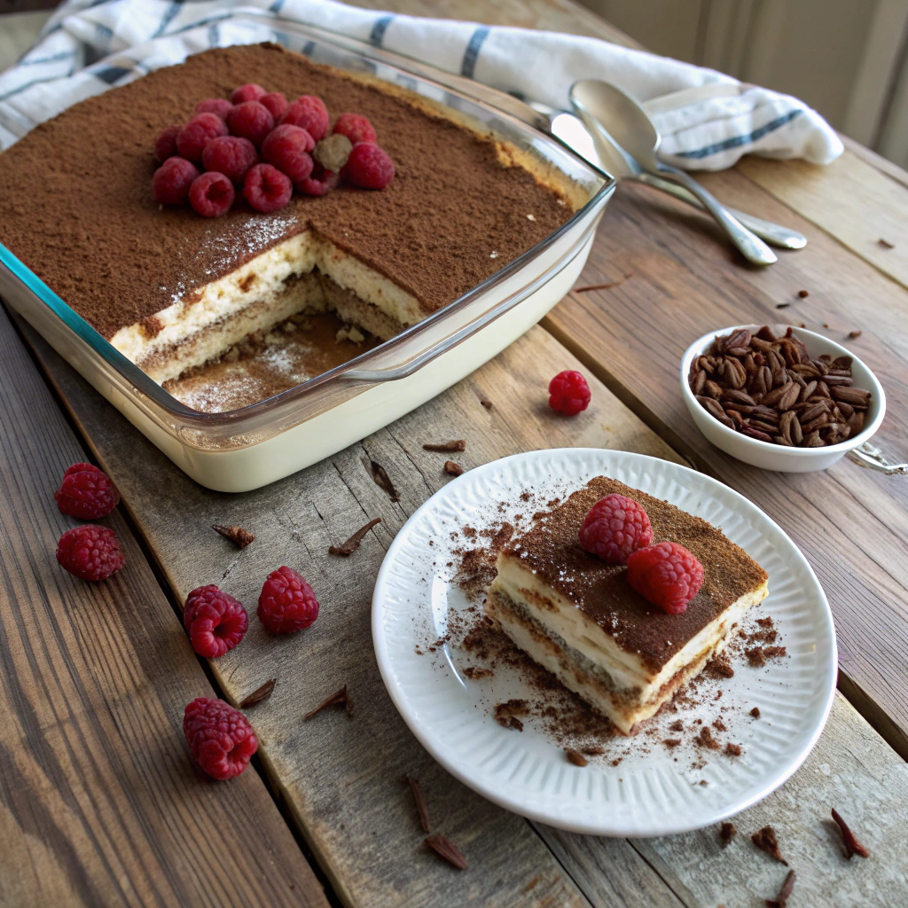 Classic tiramisu recipe with layers of coffee-soaked ladyfingers and creamy mascarpone, dusted with cocoa and garnished with raspberries.