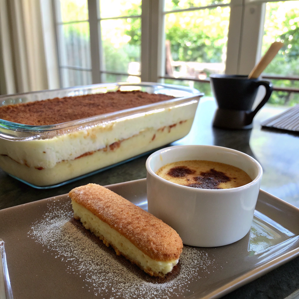 Classic tiramisu recipe with ladyfingers dipped in espresso, layered creamy mascarpone filling, dusted cocoa powder in a close-up shot