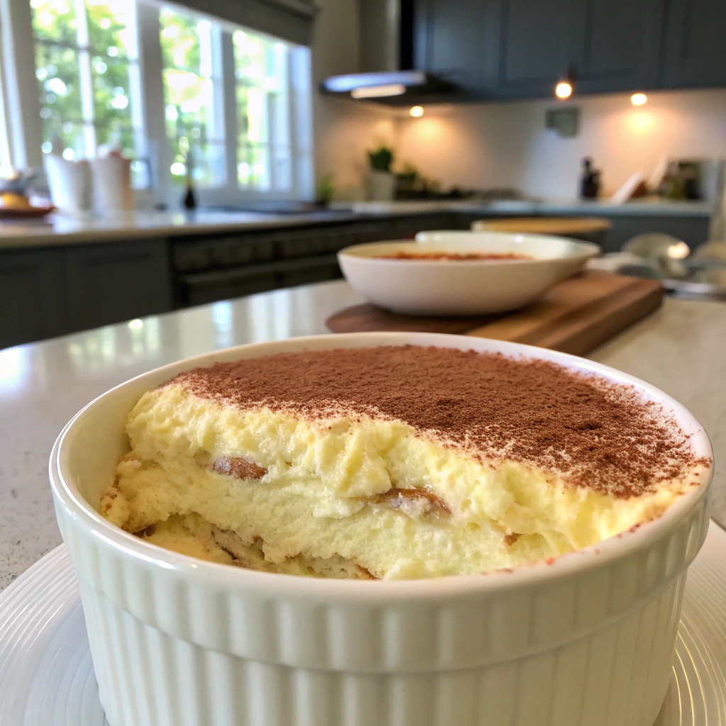 Classic tiramisu recipe with egg-mascarpone mixture, showing light airy texture in ceramic bowl.