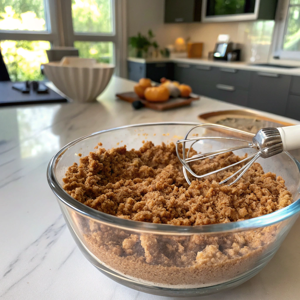 Coffee cake recipe streusel crumbs in bowl with pastry cutter, inviting close-up photo showcasing perfect pea-sized texture.