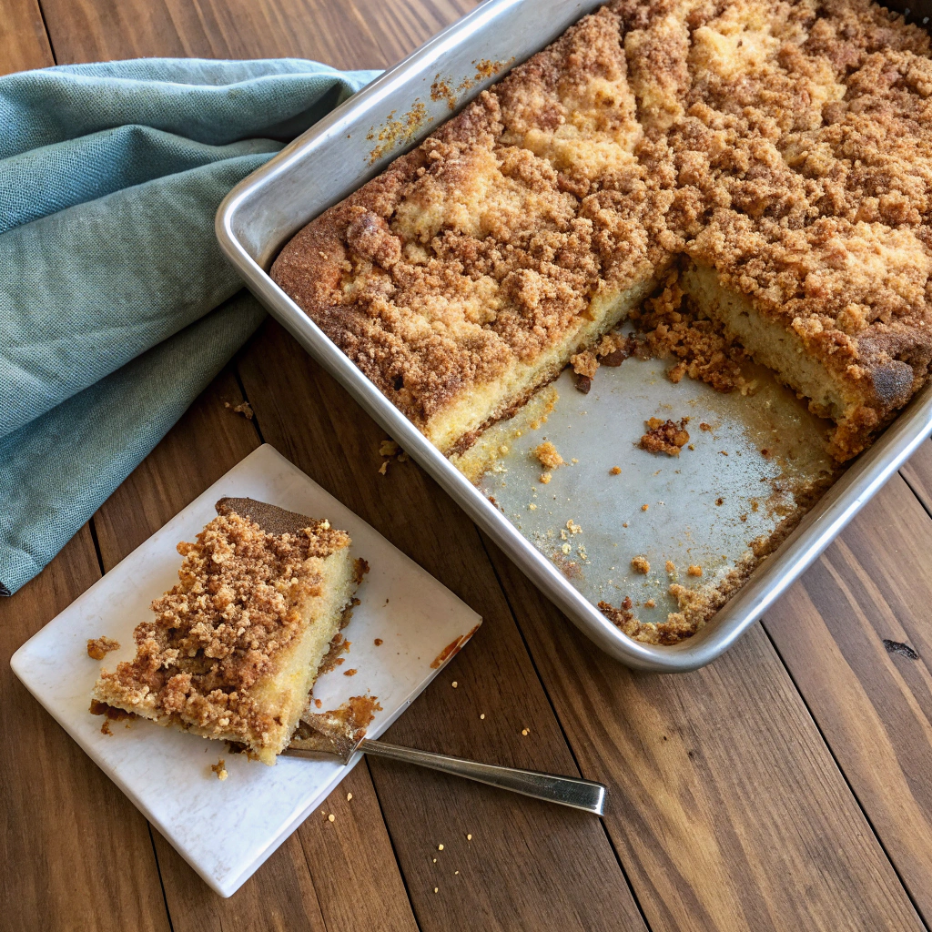 Coffee cake recipe overhead shot: streusel-topped layered sour cream cake on rustic wood table. Moist crumb, cinnamon-sugar swirl.