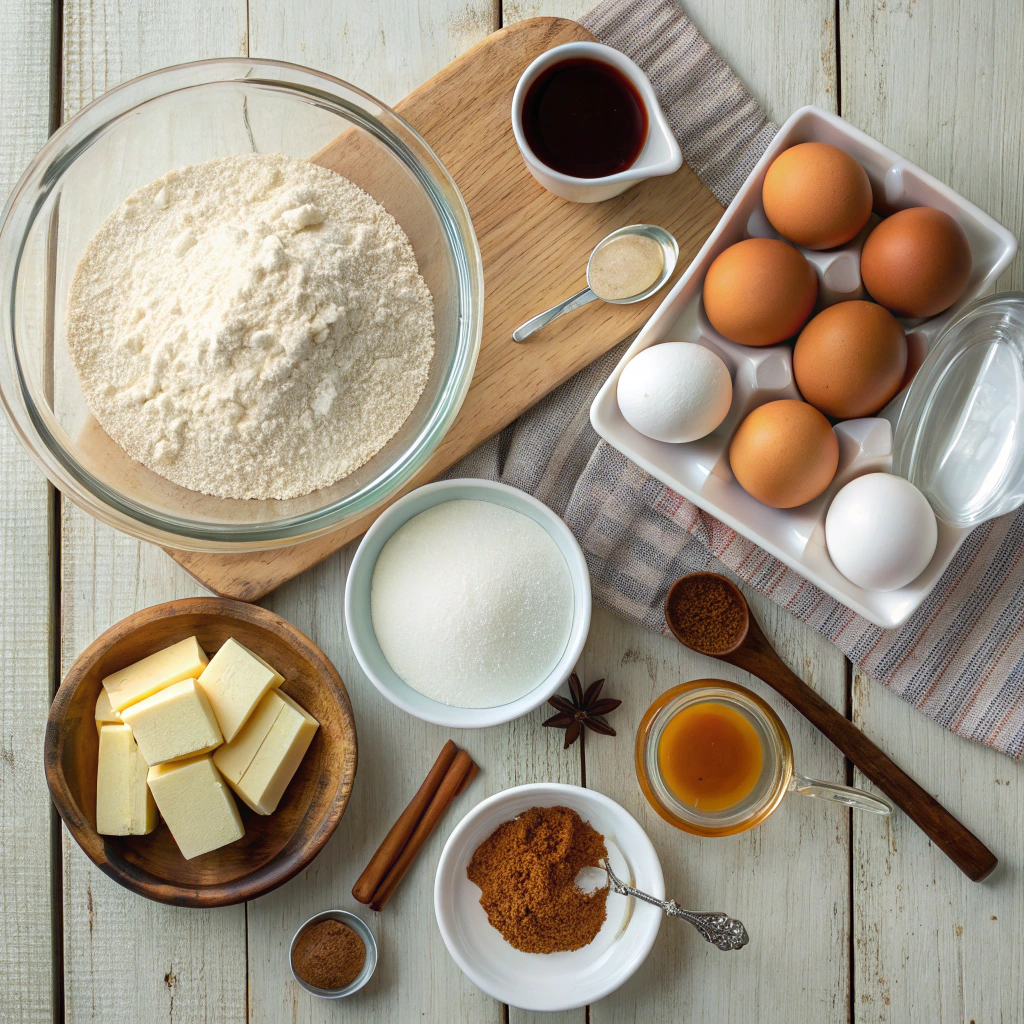 Coffee cake recipe ingredients flatlay - flour, sugar, eggs, butter, vanilla, sour cream, milk, brown sugar, cinnamon arranged cleanly on rustic wooden table.