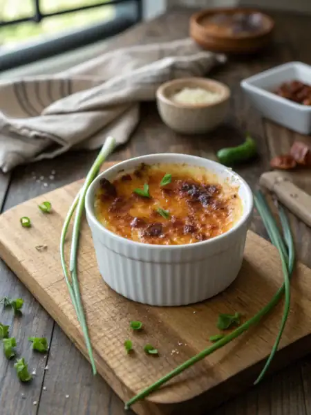 Crab brulee recipe with golden caramelized top and chives, served in a white ramekin on a rustic wooden table