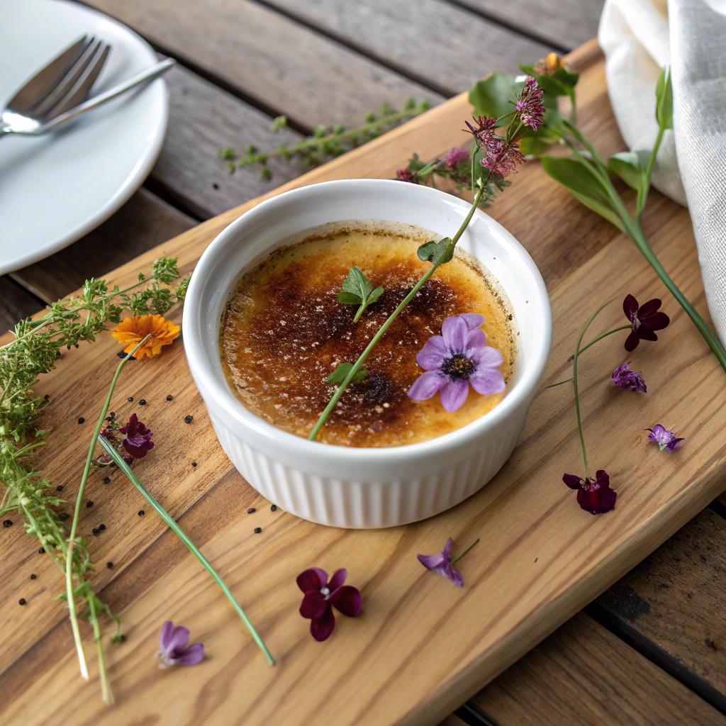 Crab brulee recipe with creamy custard and caramelized crust, garnished with herbs and edible flowers in rustic setting.