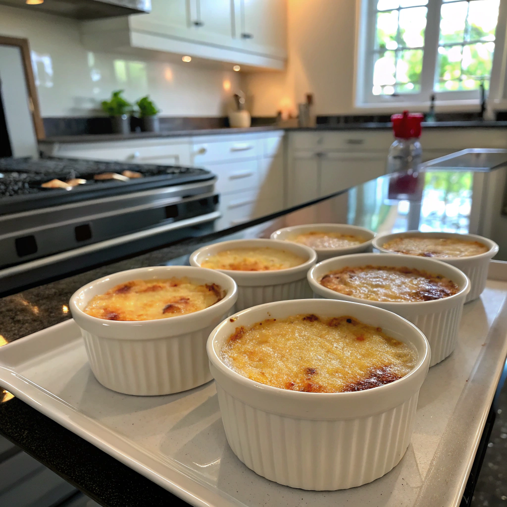 Crab brulee recipe with custard ramekins being baked in water bath, showing creamy custard texture.