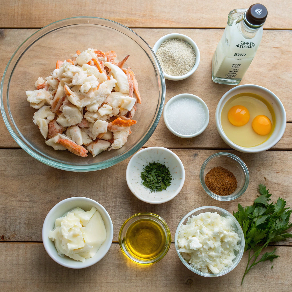 Crab brulee recipe with lump crab meat, egg yolks, cream, herbs, spices arranged beautifully on rustic table.