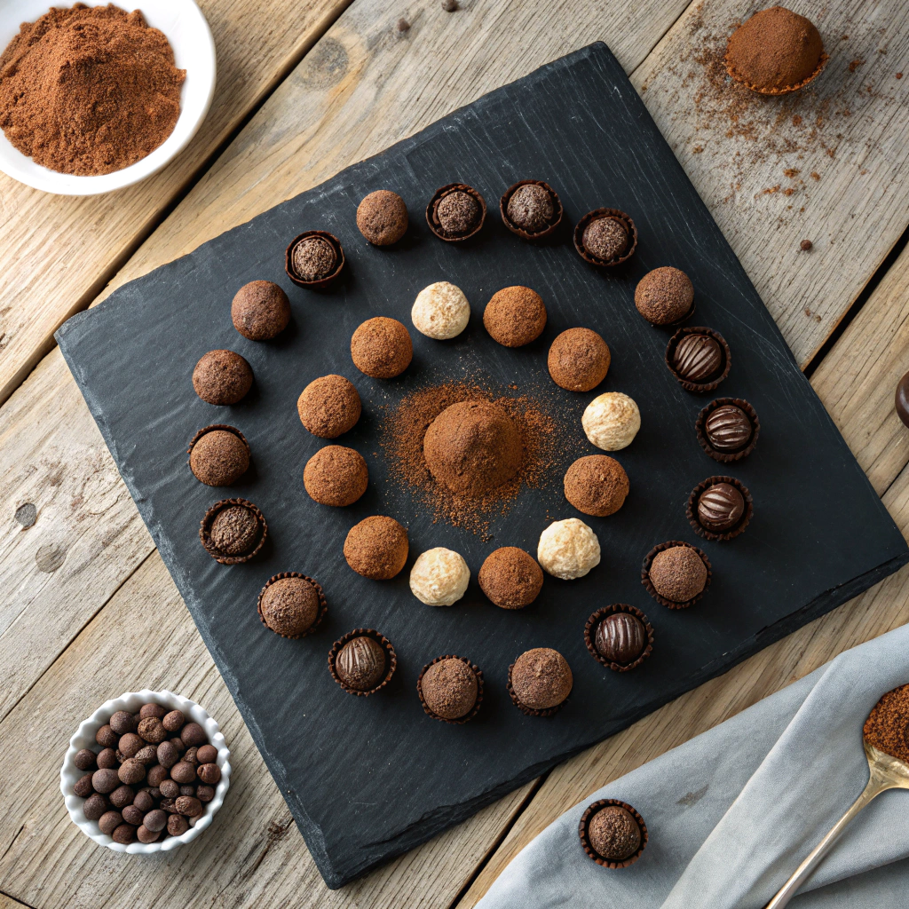 Easy chocolate truffles with cocoa dusting, overhead view of truffles arranged on black slate board