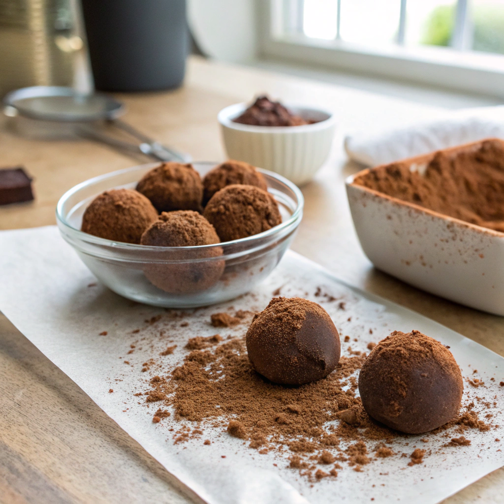 easy chocolate truffles with ganache center, coated in cocoa powder - making process