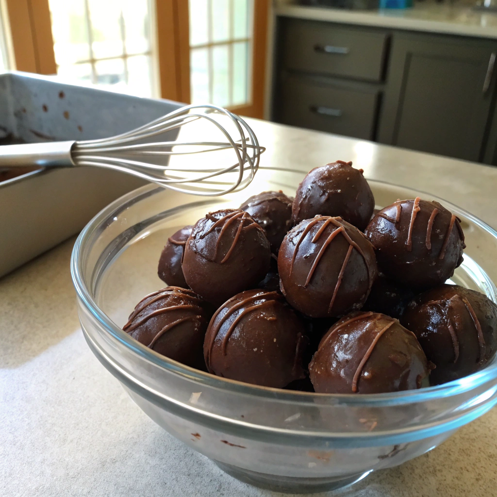 Easy chocolate truffles ganache stirred to glossy smooth texture in glass bowl, whisk resting on rim